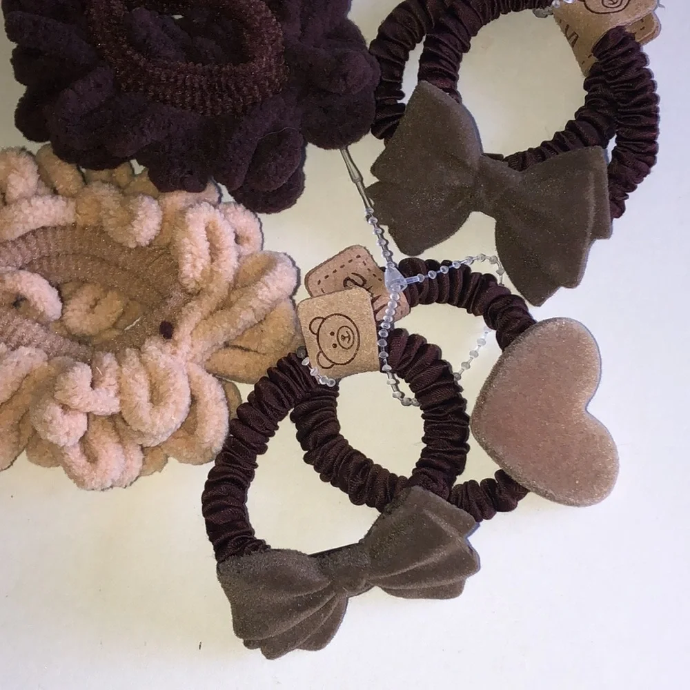 Plush Bow & Heart Hair Tie Set - Brown & Tan